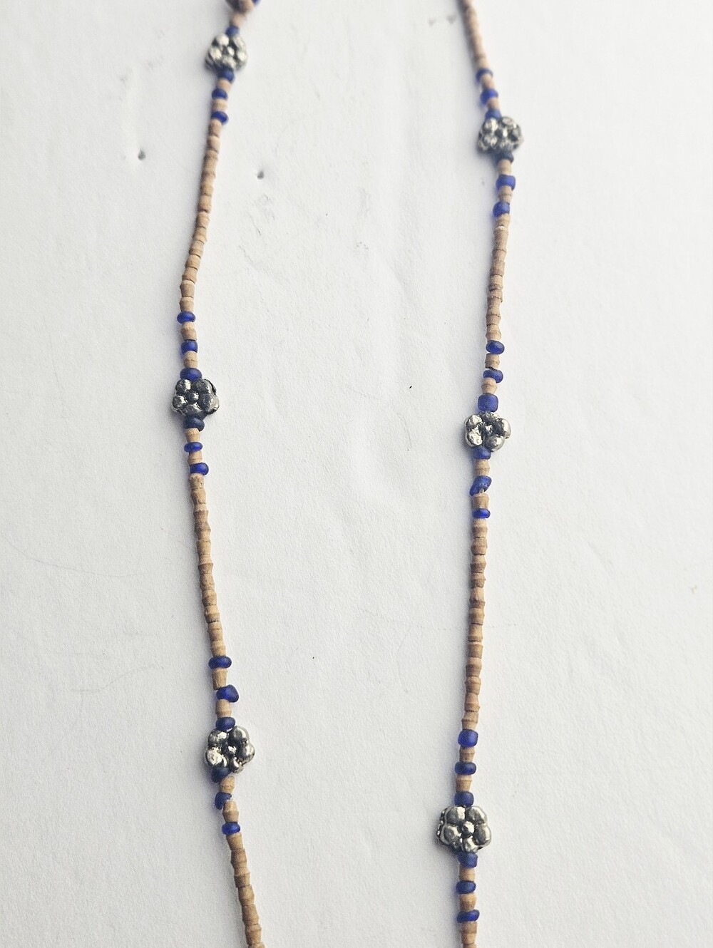Vintage Boho Beaded Flower Necklace Wood Heishi Blue Glass Silver Charms Choker